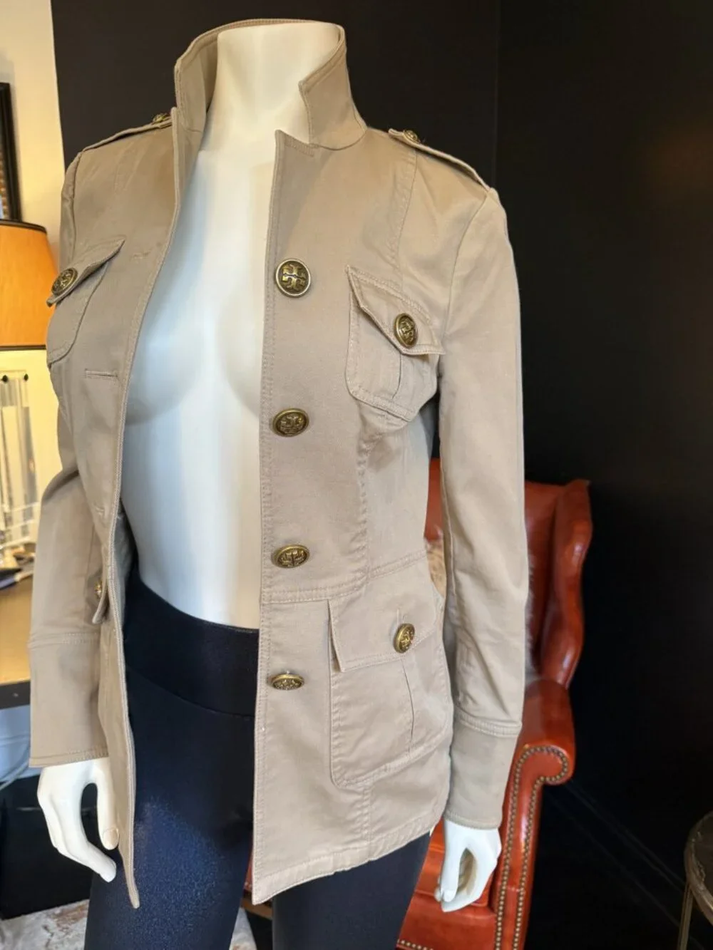 Tory Burch Khaki Military Jacket Gold Buttons Double Breasted Structured XS